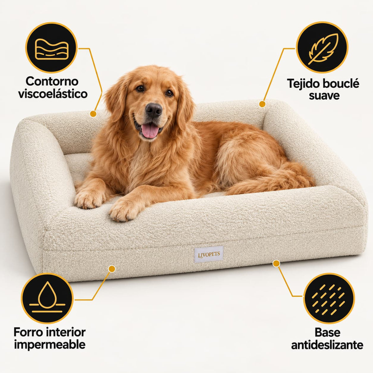 Cama Nube Bouclé para perros Livopets con perro y principales características