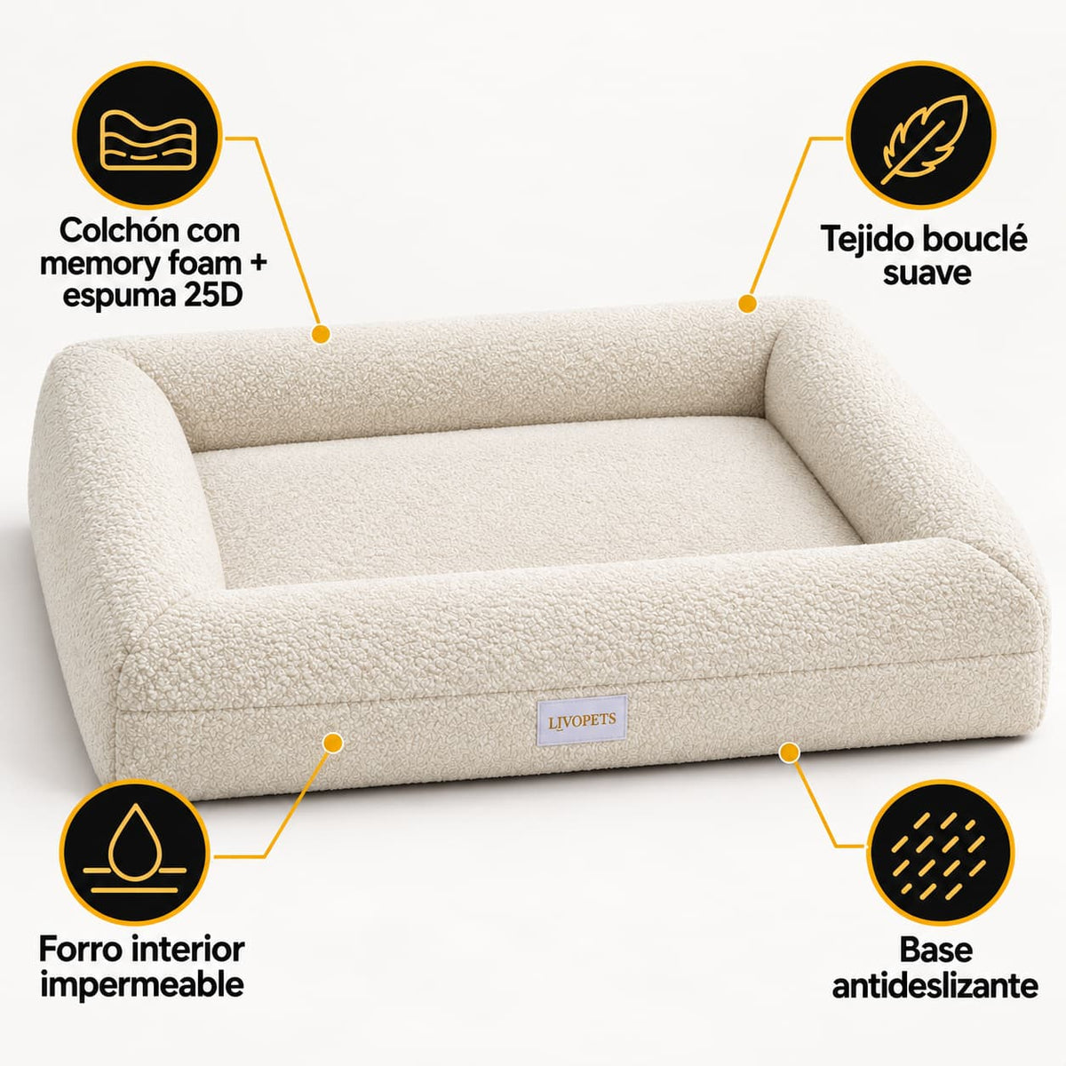 Cama viscoelástica para perros Livopets con memory foam y tejido bouclé