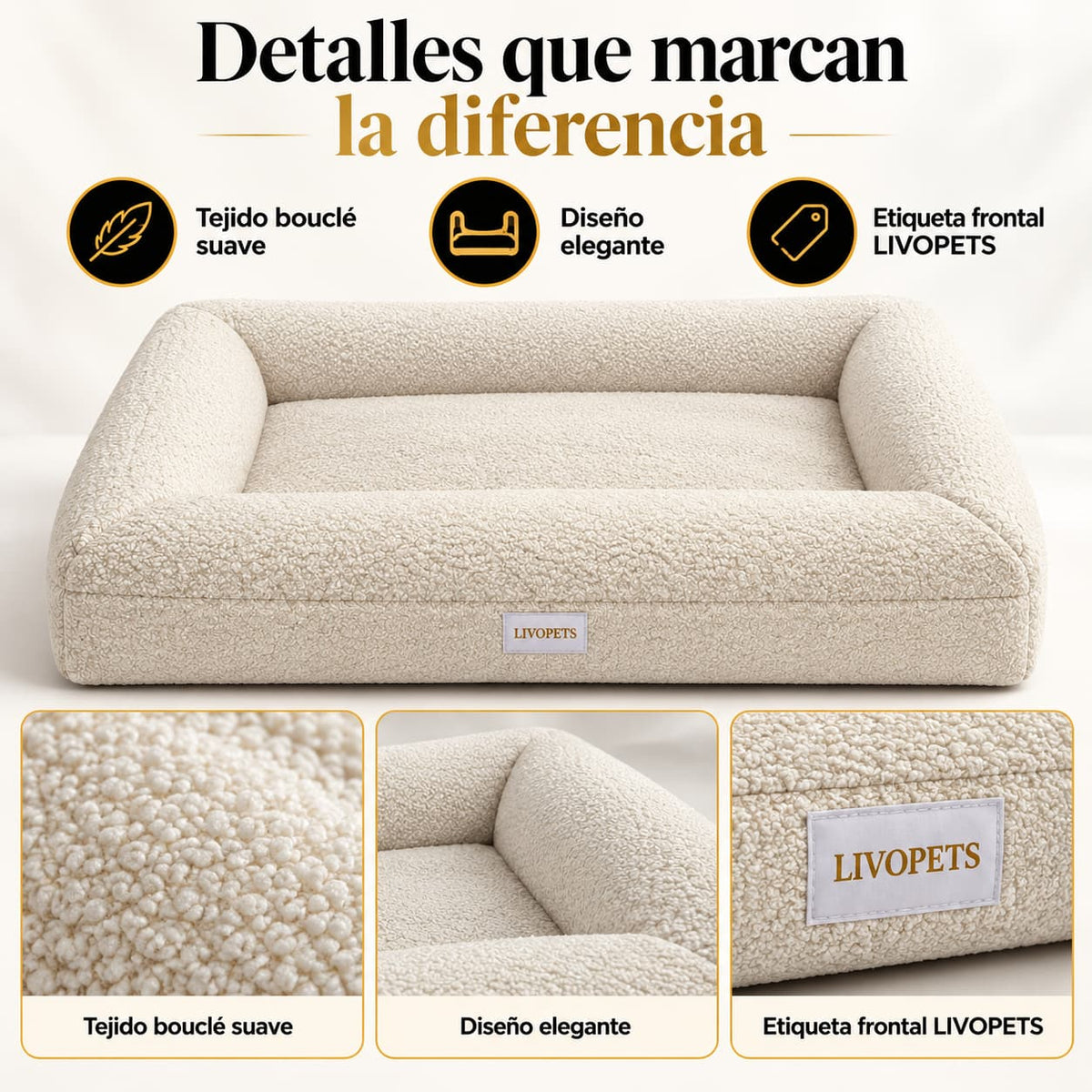 Detalles de la Cama Nube Bouclé para perros Livopets en color crema