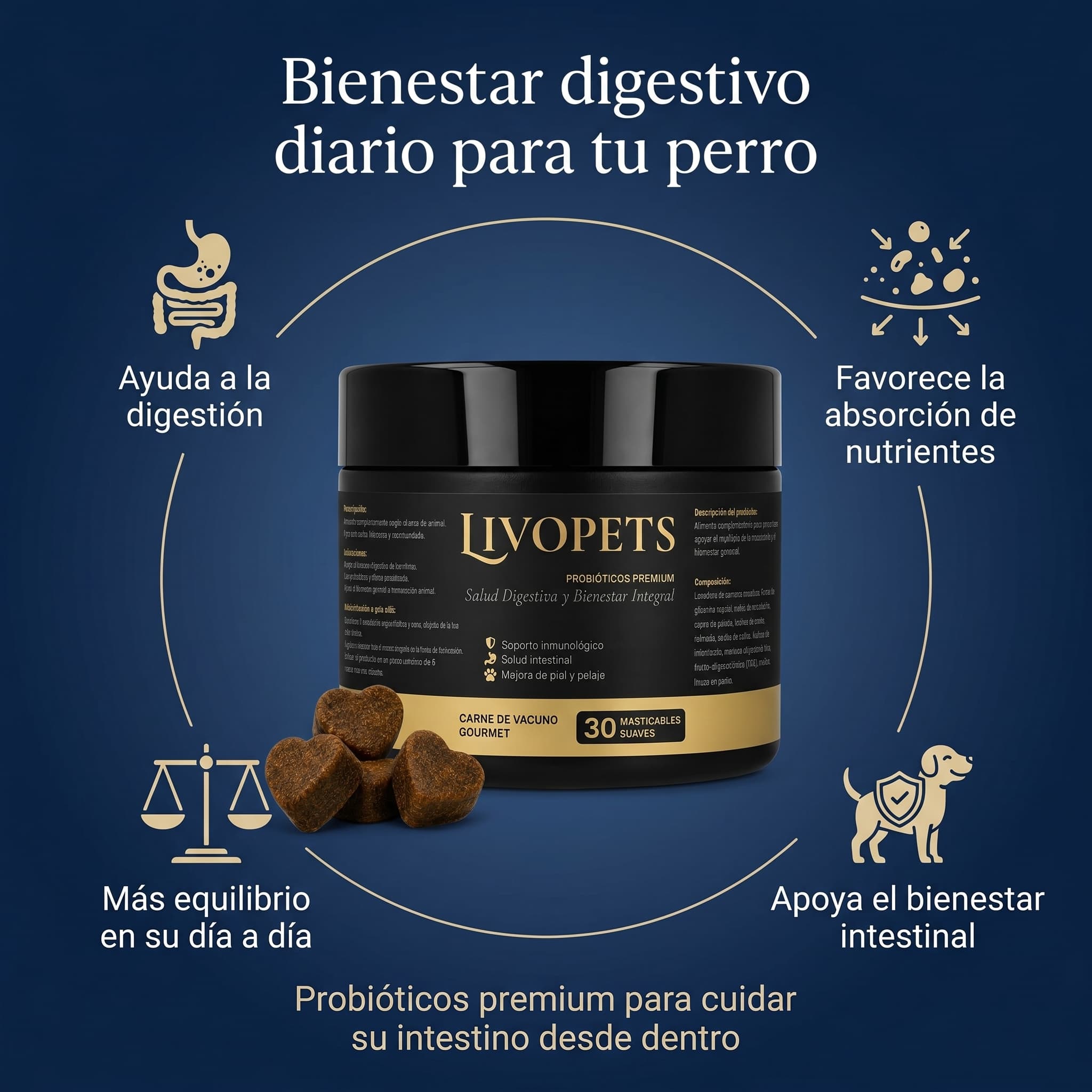 Infografía de probióticos Livopets para perros con beneficios para la digestión, la absorción de nutrientes y el bienestar intestinal