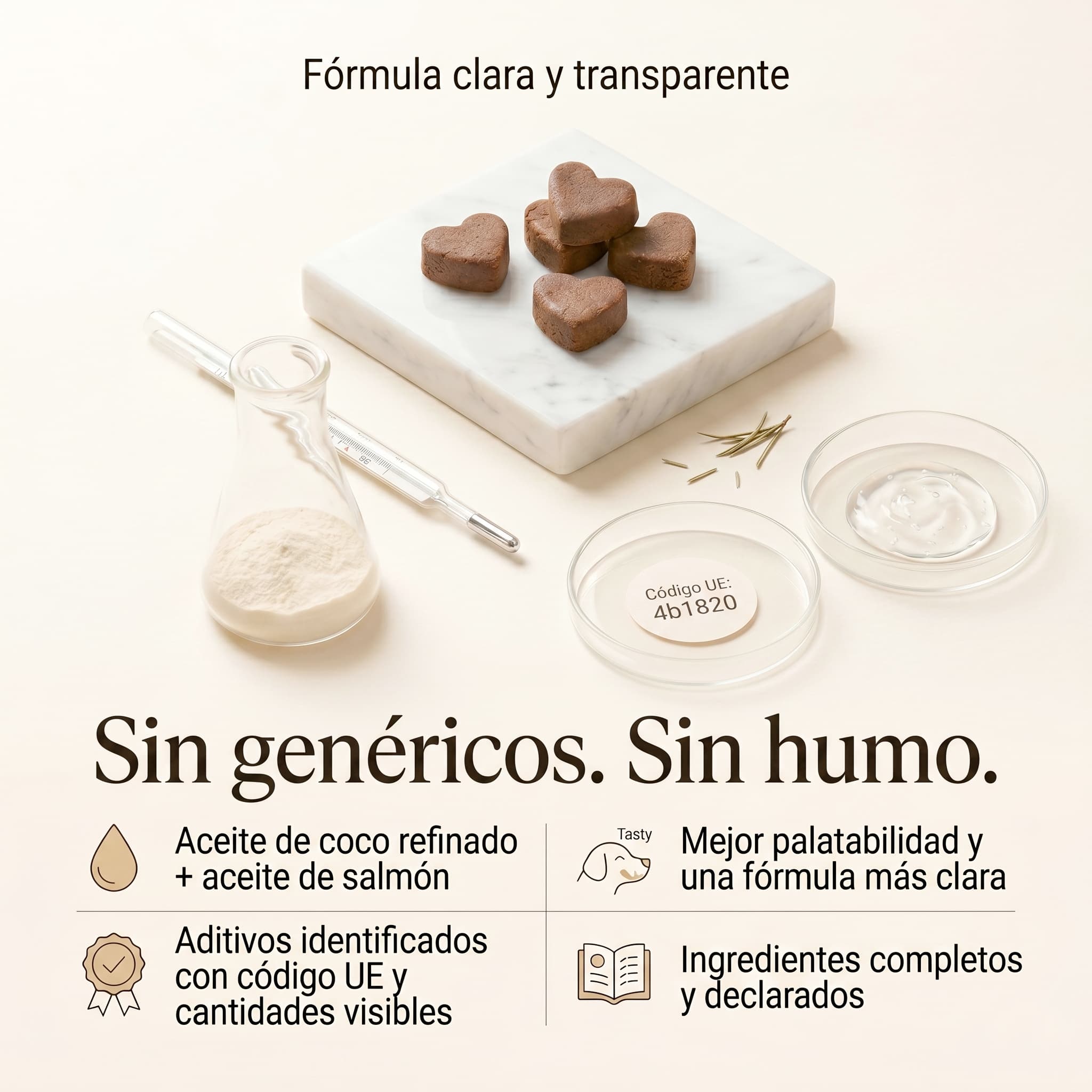Infografía de la fórmula transparente de Livopets con ingredientes declarados, aditivos identificados con código UE y masticables para perros