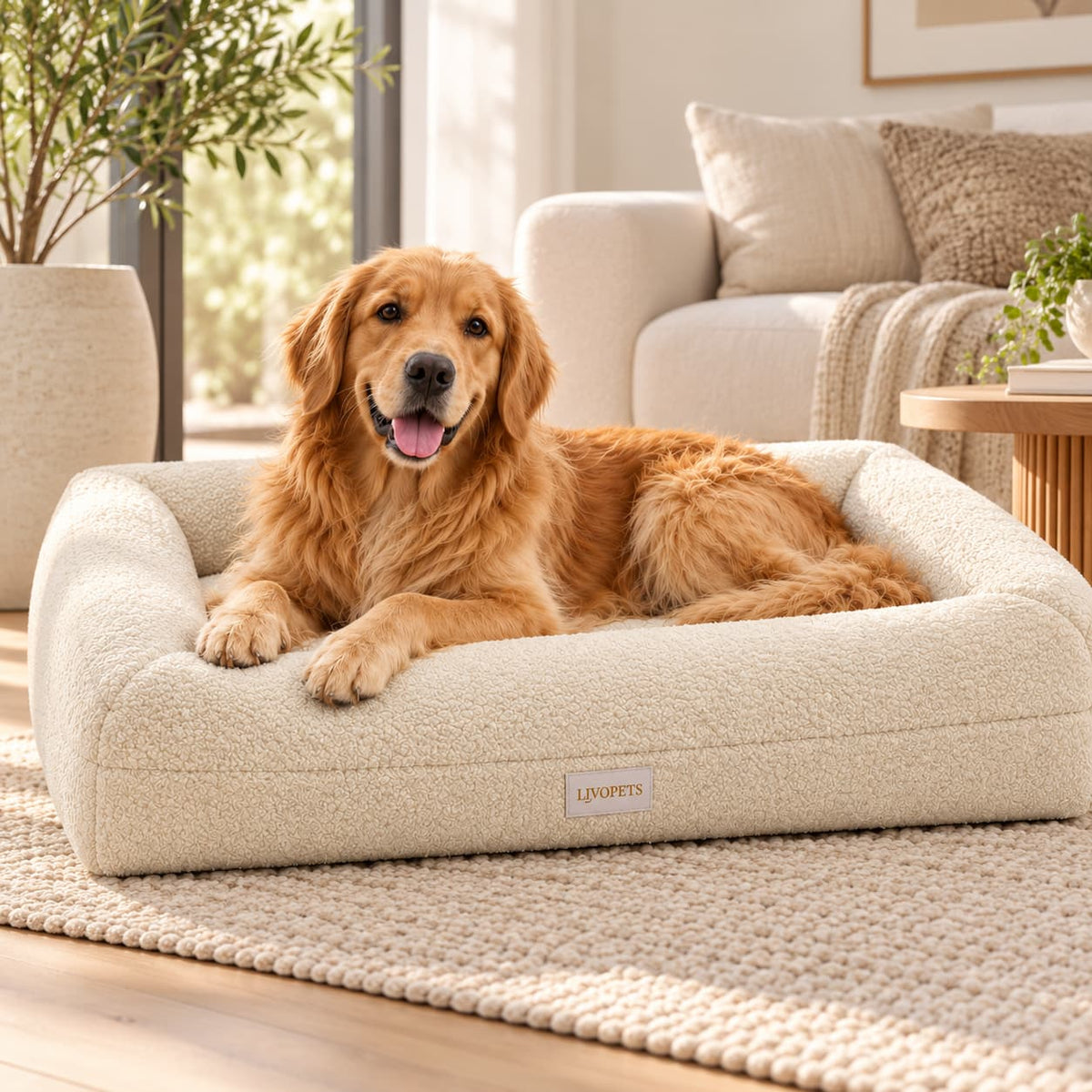 Perro descansando en Cama Nube Bouclé Livopets en salón