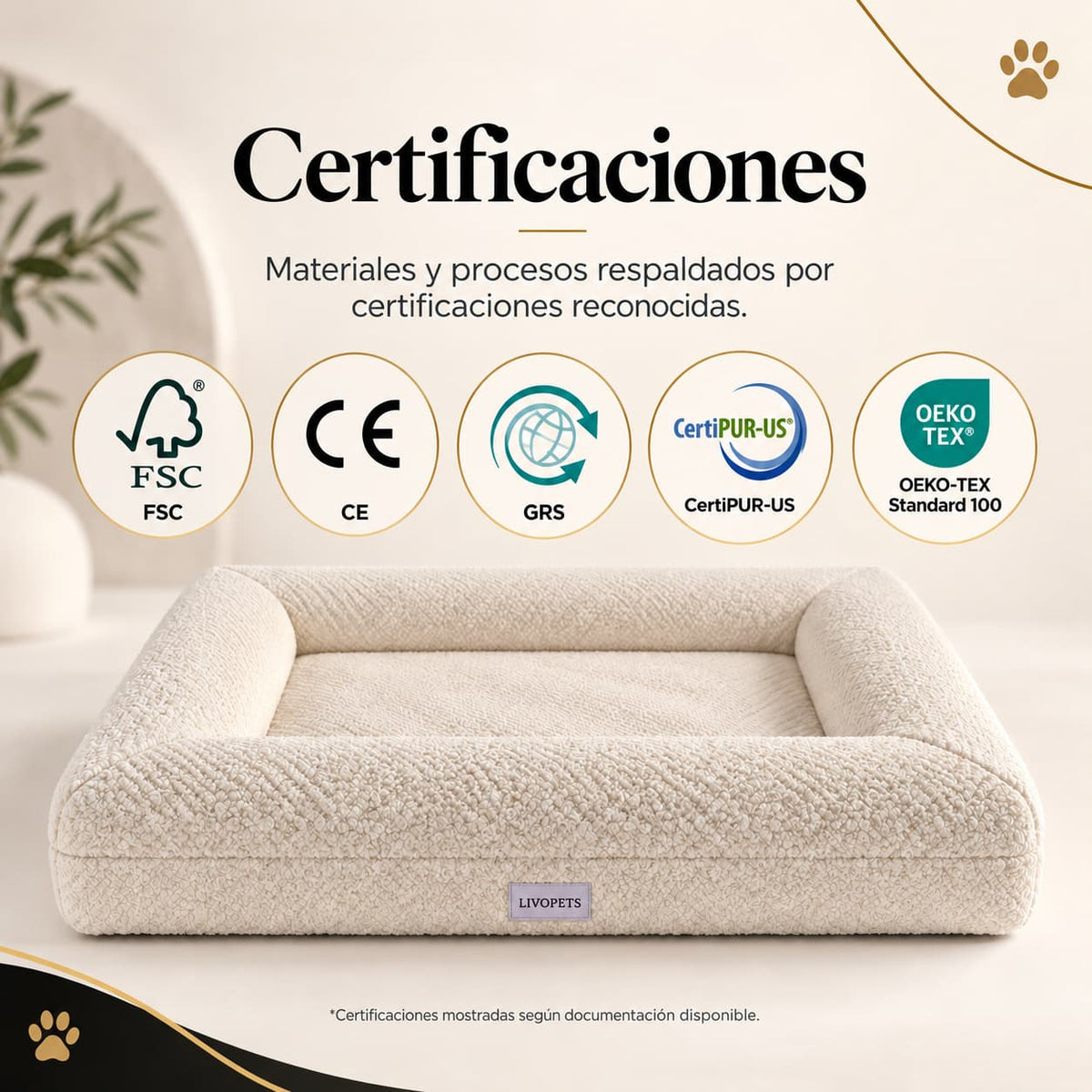 Certificaciones y materiales de la Cama Nube Bouclé para perros Livopets