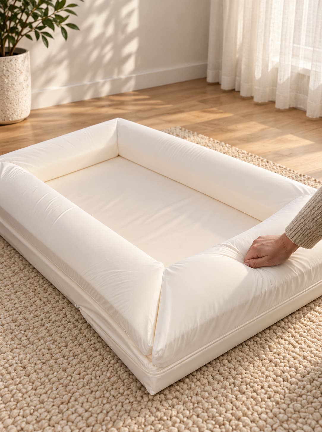 Contorno envolvente acolchado de la Cama Nube Bouclé Livopets con funda interior impermeable