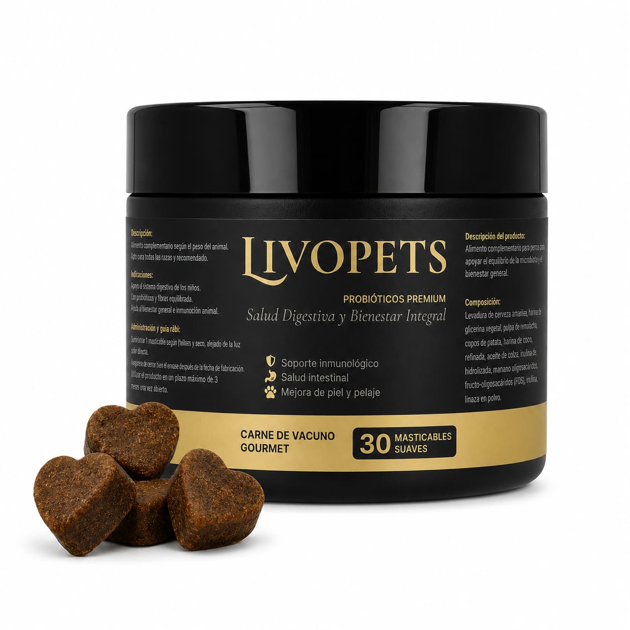 Probióticos premium Livopets para perros con masticables suaves en forma de corazón
