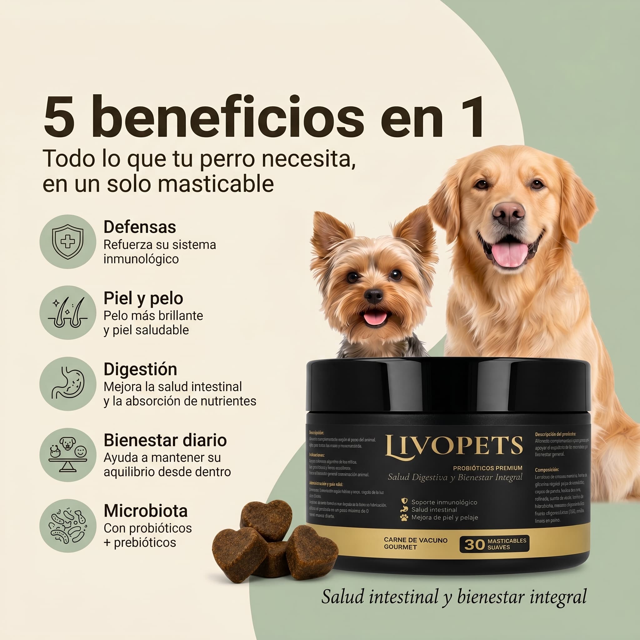 Infografía de probióticos Livopets para perros con 5 beneficios: defensas, piel y pelo, digestión, bienestar diario y microbiota