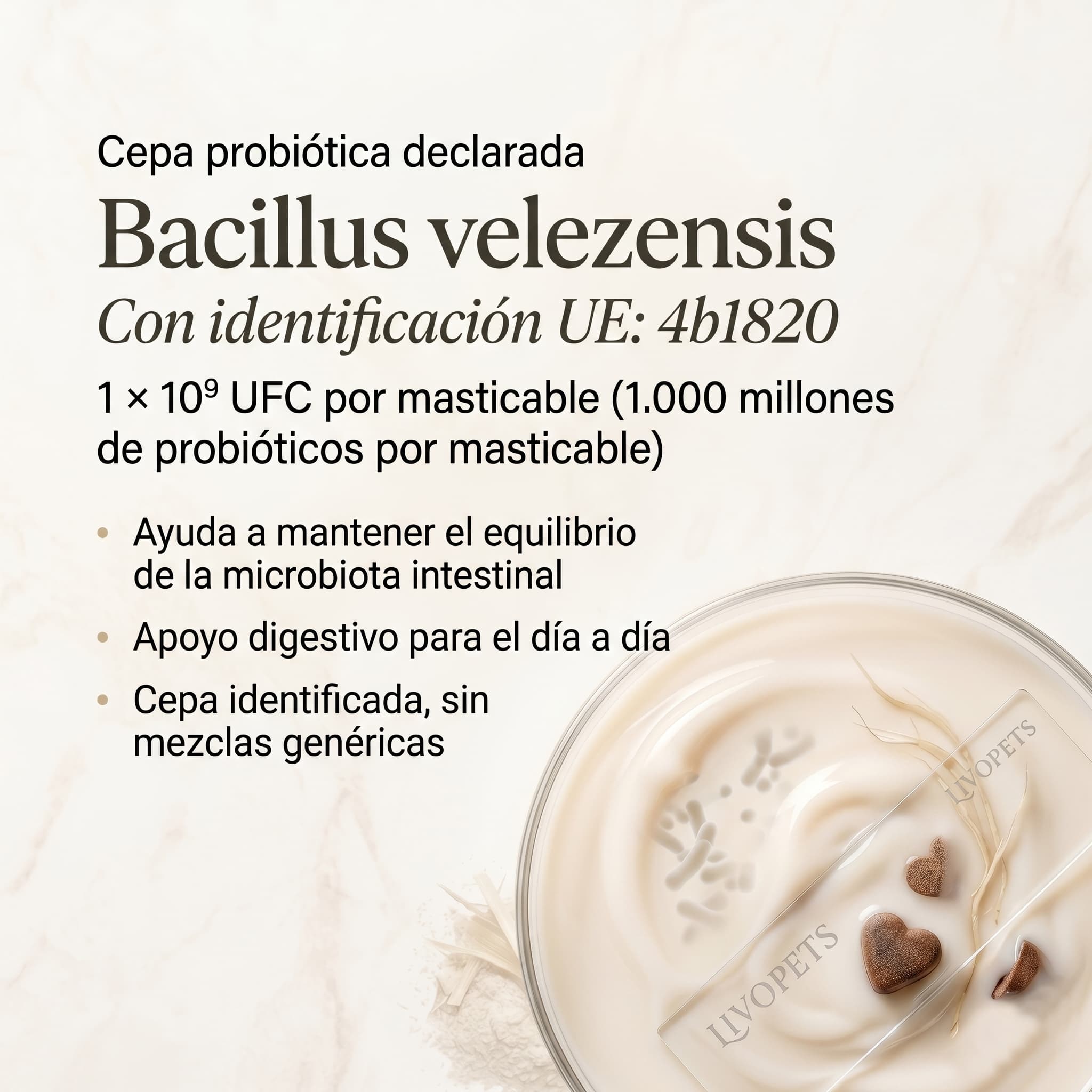 Infografía de Bacillus velezensis en probióticos Livopets para perros con 1.000 millones de UFC por masticable