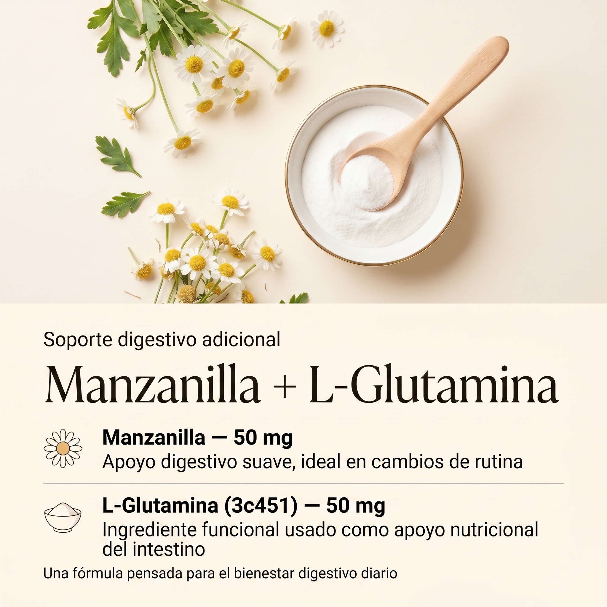 Infografía de manzanilla y L-glutamina en probióticos Livopets para perros con 50 mg de cada ingrediente para apoyar el bienestar digestivo